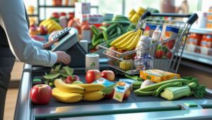 A close-up of a grocery store checkout counter with fresh produce and packaged items being scanned, while a person prepares to pay using a credit card terminal. No faces visible.