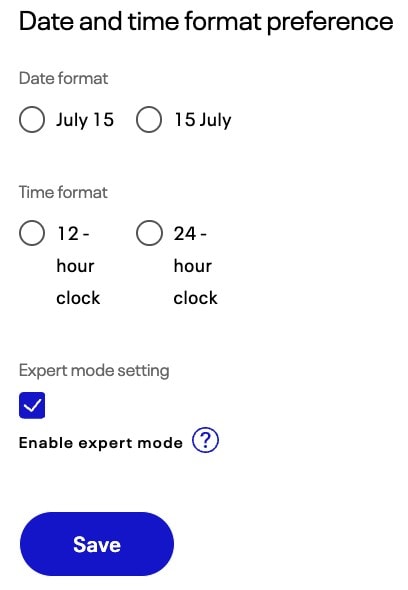 United Airlinesの設定画面で「Enable expert mode」にチェックを入れる様子