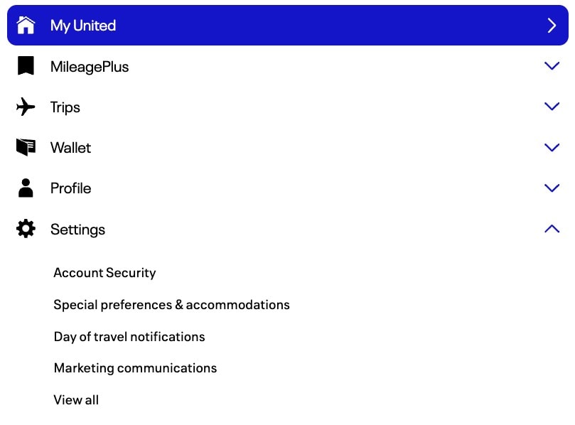 Unitedアカウント内「Settings」メニューに表示された“Special preferences & accommodations”