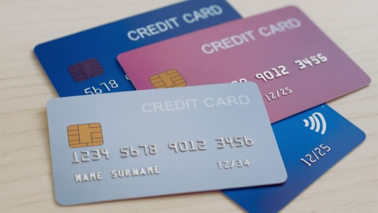 木目調のテーブルの上に、4枚のクレジットカードが色別に重ねて並んでいる様子。