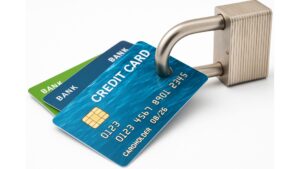 金属製の南京錠が3枚のクレジットカードをまとめてロックしている様子。カードは緑・青・赤の順に並び、背景は明るい木目調のテーブル。