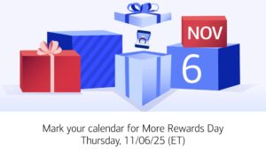 Bank of America More Rewards Dayの告知画像。ギフトボックスや指輪、2025年11月6日の日付が描かれている。