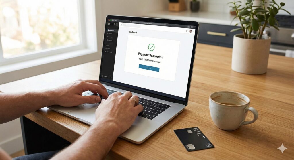 ノートパソコンで家賃や住宅ローンのオンライン支払いを完了した手元のアップ画像。画面には支払い完了のメッセージが表示され、手元には黒いクレジットカードが置かれている。