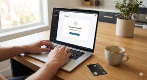 ノートパソコンで家賃や住宅ローンのオンライン支払いを完了した手元のアップ画像。画面には支払い完了のメッセージが表示され、手元には黒いクレジットカードが置かれている。
