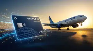 ユナイテッド航空の機体と、青く光るデジタルデータの尾を引くマイレージプラス提携クレジットカードが滑走路に浮かんでいる様子
