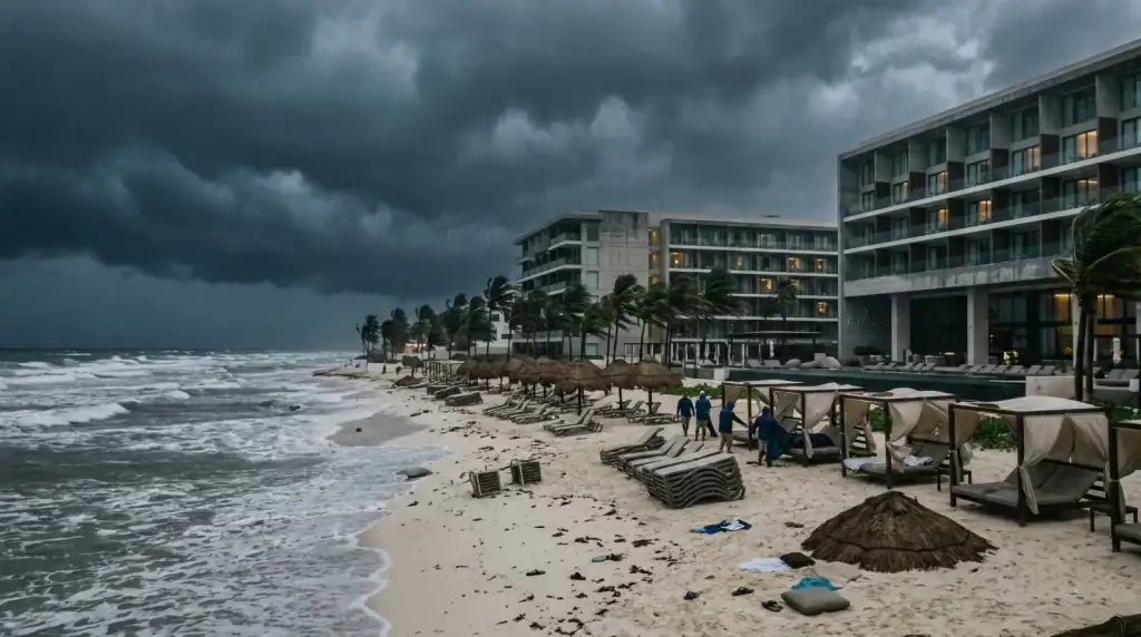 A photo of a modern beach resort under a dramatic, dark storm cloud-filled sky. In the foreground, ocean waves are rough. Staff in blue rain gear work near curtained cabanas on the sand, lined with thatched umbrellas and lounge chairs.