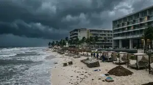 A photo of a modern beach resort under a dramatic, dark storm cloud-filled sky. In the foreground, ocean waves are rough. Staff in blue rain gear work near curtained cabanas on the sand, lined with thatched umbrellas and lounge chairs.