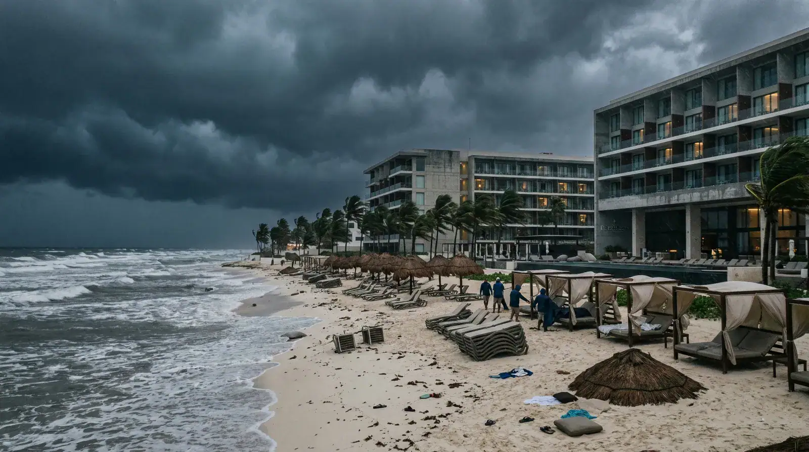 A photo of a modern beach resort under a dramatic, dark storm cloud-filled sky. In the foreground, ocean waves are rough. Staff in blue rain gear work near curtained cabanas on the sand, lined with thatched umbrellas and lounge chairs.