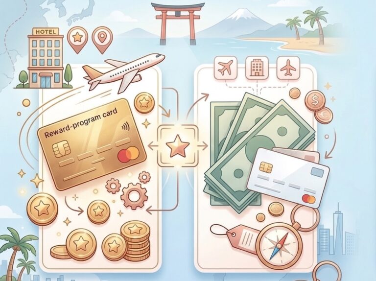 旅行予約でポイント・マイル利用と現金払いを比較するイメージ画像。左にリワードカードとポイントコイン、右に現金と支払い用カードが描かれている。