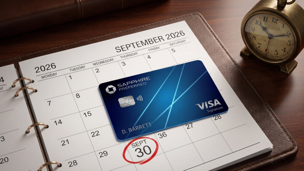 2026年9月のカレンダー（手帳）の上に置かれたチェイス・サファイア・プリファード（Chase Sapphire Preferred）のクレジットカード。カレンダーの「30日」が赤ペンで丸で囲まれており、右上にはアナログの置き時計がある風景。