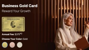 American Express Business Goldカードのゴールド券面。年会費$375、ゴールド・ローズゴールド・ホワイトの3色から選択可能