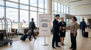デルタ航空とハイアット・ホテルズ・アンド・リゾーツのパートナーシップを強調する画像。明るくモダンな空港ターミナルのラウンジを舞台に、大きなガラス窓越しにデルタ航空の機体が見え、デルタ航空の機長が客室乗務員と並んでハイアットのホスピタリティ担当者と握手しています。中央には「Delta | Hyatt: 新たなパートナーシップ」と書かれたプロモーション用の看板が目立って立っています。