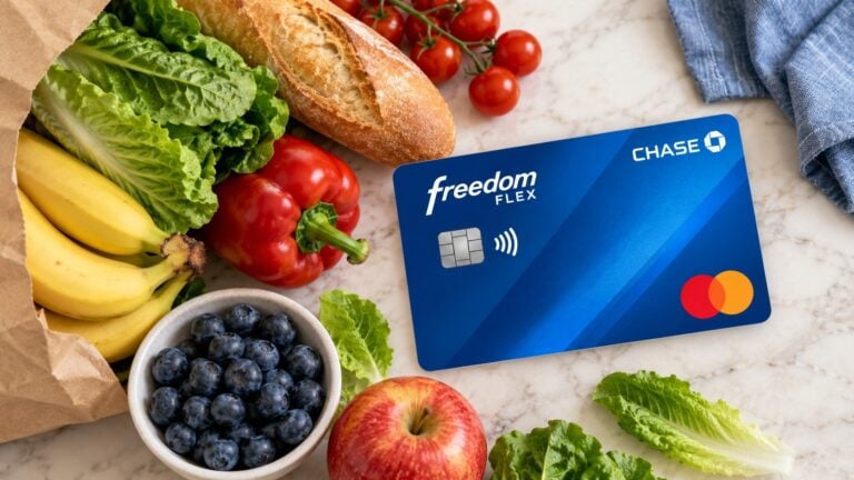 野菜、果物、パンなどの食料品と青いChase Freedom Flexカードを組み合わせたイメージ